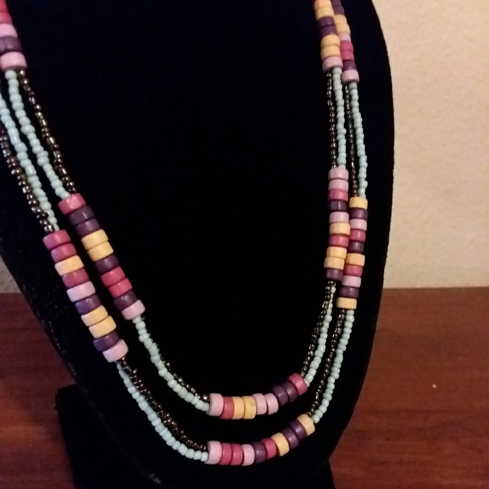2 Strand Necklace made of Multicolored Wood Beads
